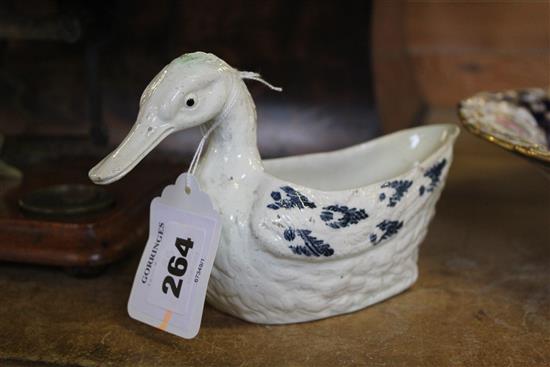 An English Creamware duck sauceboat, c.1780, 17cm, restorations